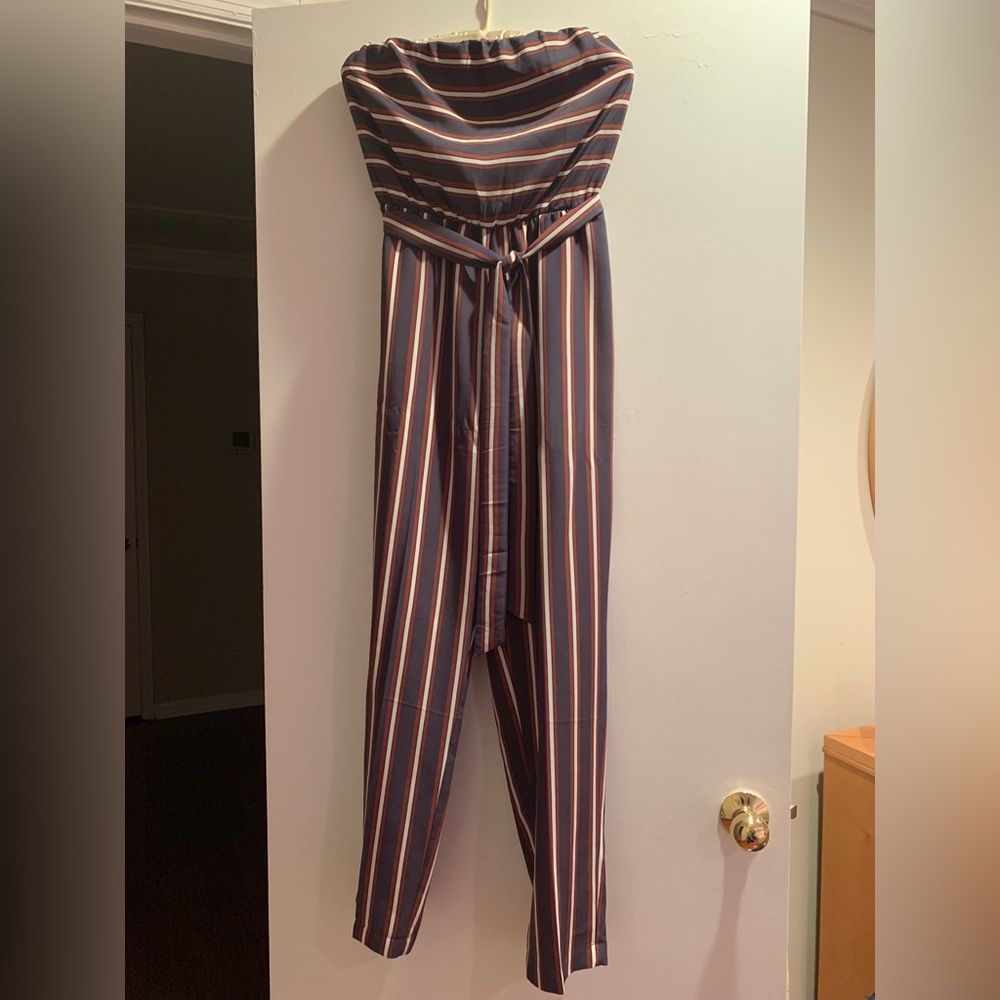 Striped Strapless and Belted Jumpsuit